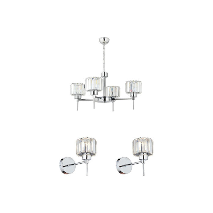 Apliqa Sadem 4 Lü Krom Kaplama 3 Parça Kristalli Taşlı Modern Tasarım Kristal Salon Avize-aplik Seti