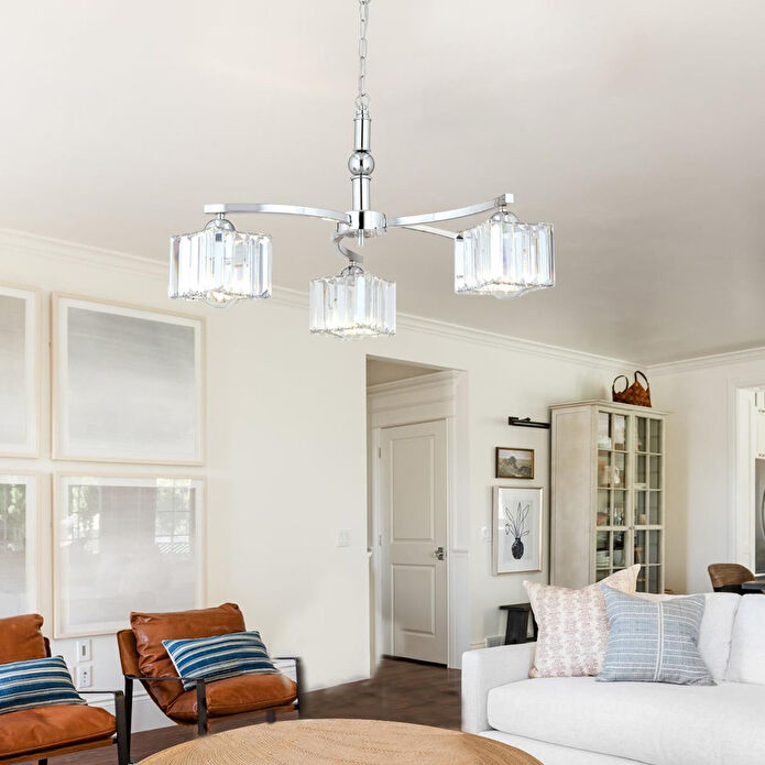 Apliqa Rima 3 Kollu Krom Kaplama Kristalli Taşlı Modern Tasarım Salon-yatak Odası Kristal Salon Avize