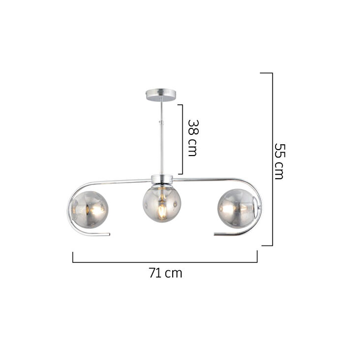 Apliqa Diaspor 3lü Sıralı Krom Füme Camlı Modern Sarkıt Genç Odası Yatak Odası Retro Salon Avize