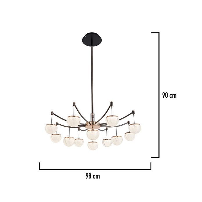 Apliqa Derem 12'li Siyah Gold 160 Watt Yuvarlak Kristal Taşlı Salon Led Sarkıt Avize