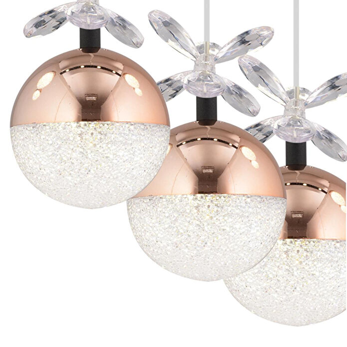 Apliqa Lokken 5'li Sıralı Bakır 42 Watt Kristal Ledli Modern Oturma Odası Salon Sarkıt Avize