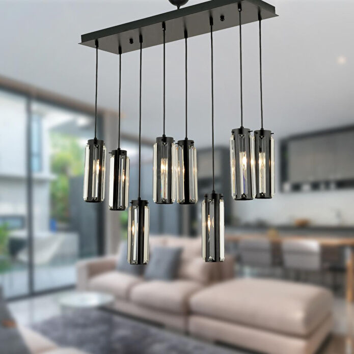 Apliqa Natali 8 Li Sıralı Siyah Salon- Modern Tasarım Yemek Masası Üstü Salon Sarkıt Avize