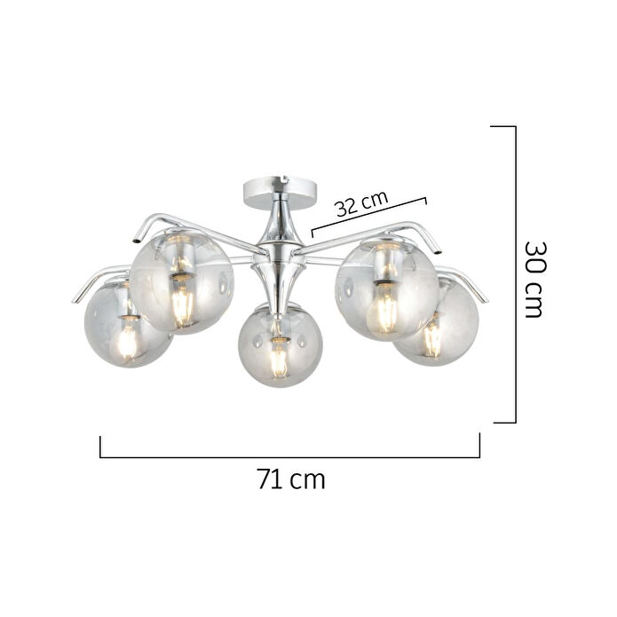 Apliqa Diaspor 5li Yuvarlak Krom Füme Camlı Modern Sarkıt Genç Odası Yatak Odası Retro Salon Avize