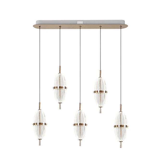 Apliqa Liona 5'li Sıralı 50 Watt Gold Kristalli Modern Salon Yemek Masası Üstü Sarkıt Led Avize