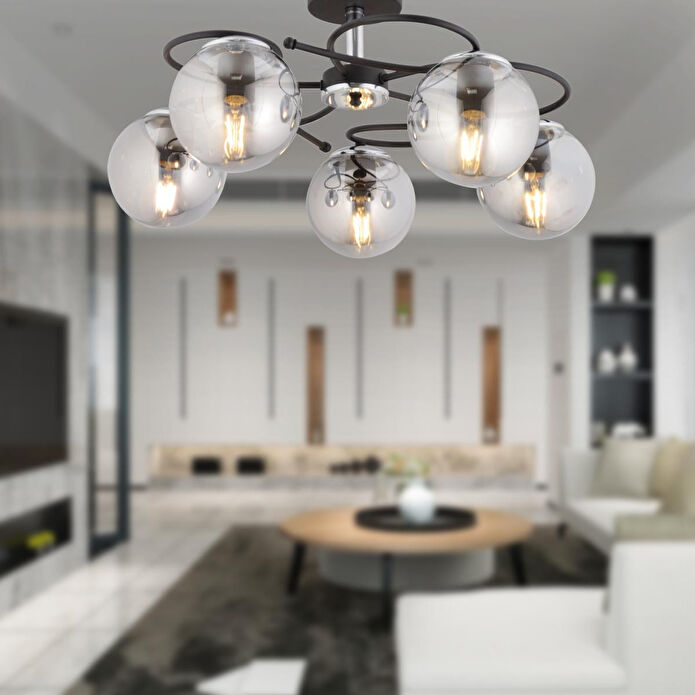 Apliqa Rodonit 5li Siyah Krom Füme Camlı Modern Sarkıt Genç Odası Yatak Odası Retro Salon Avize