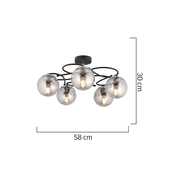 Apliqa Rodonit 5li Siyah Krom Füme Camlı Modern Sarkıt Genç Odası Yatak Odası Retro Salon Avize