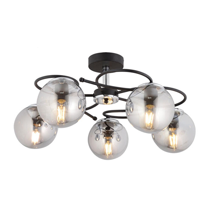 Apliqa Rodonit 5li Siyah Krom Füme Camlı Modern Sarkıt Genç Odası Yatak Odası Retro Salon Avize