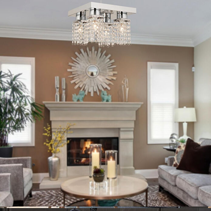 Apliqa Peter 4lü Krom Kristalli, Taşlı Modern Tasarım Kristal Salon Avize