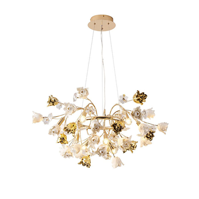 Apliqa Faxon 9'lu Gold Çiçek Desenli Modern Yuvarlak Sarkıt Salon Avize