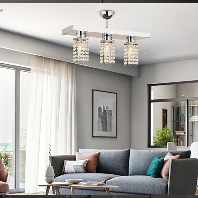 Apliqa Peter 3lü Sıralı Krom Kristalli, Taşlı Modern Tasarım Kristal Salon Avize