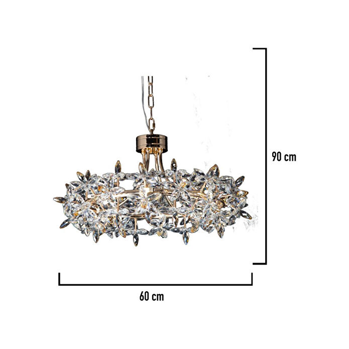 Apliqa Mercan 60'lık Yuvarlak Gold Kristal Taşlı Modern Oturma Odası, Salon Avize