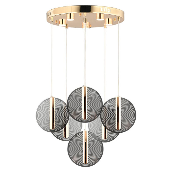 Apliqa Dustin 6'lı Yuvarlak 3 Renk 80 Watt Gold Kristal Ledli Modern Oturma Odası Salon Sarkıt Avize