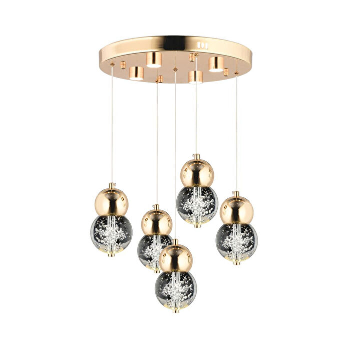 Apliqa Sasha 5'li Yuvarlak 3 Renkli 57 Watt Gold Kristal Ledli Modern Oturma Odası Salon Sarkıt Avize