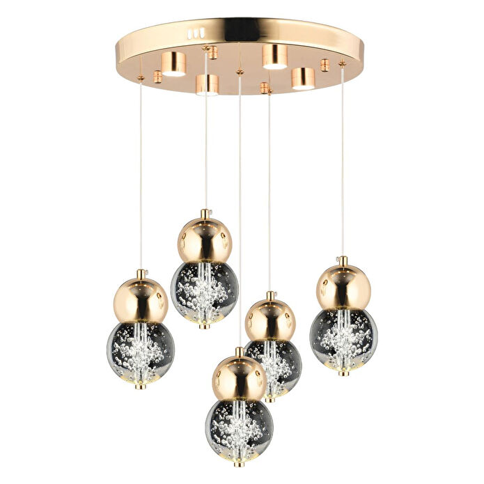 Apliqa Sasha 5'li Yuvarlak 3 Renkli 57 Watt Gold Kristal Ledli Modern Oturma Odası Salon Sarkıt Avize