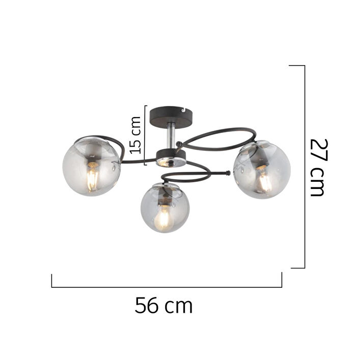 Apliqa Rodonit 3lü Siyah Krom Füme Camlı Modern Sarkıt Genç Odası Yatak Odası Retro Salon Avize