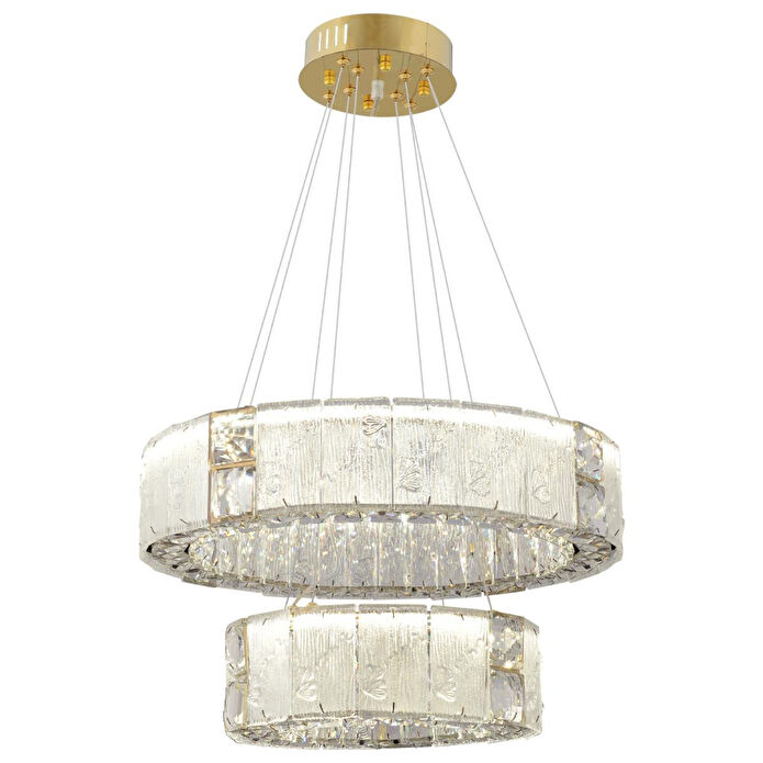 Apliqa Rocco 2 Katlı 3 Renkli Ledli 64 Watt Gold Kaplamalı Kristal Taşlı Sarkıt Led Salon Avize