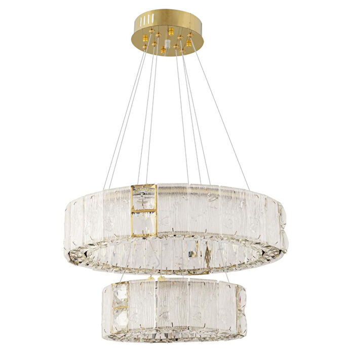 Apliqa Rocco 2 Katlı 3 Renkli Ledli 64 Watt Gold Kaplamalı Kristal Taşlı Sarkıt Led Salon Avize