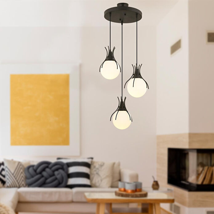 Apliqa Terra 3lü Yuvarlak Siyah Modern Sarkıt Genç Odası Mutfak Yatak Odası Salon Sarkıt Avize