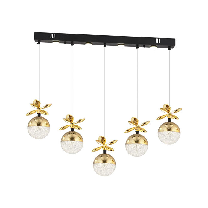 Apliqa Lokken 5'li Sıralı Gold 42 Watt Kristal Ledli Modern Oturma Odası Salon Sarkıt Avize