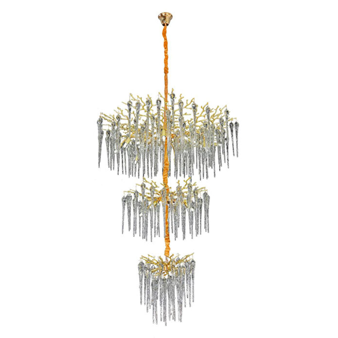 Apliqa Laura 3 Katlı Gold Kristal Taşlı Oturma Odası, Su Damlası Taşlı Salon Avize