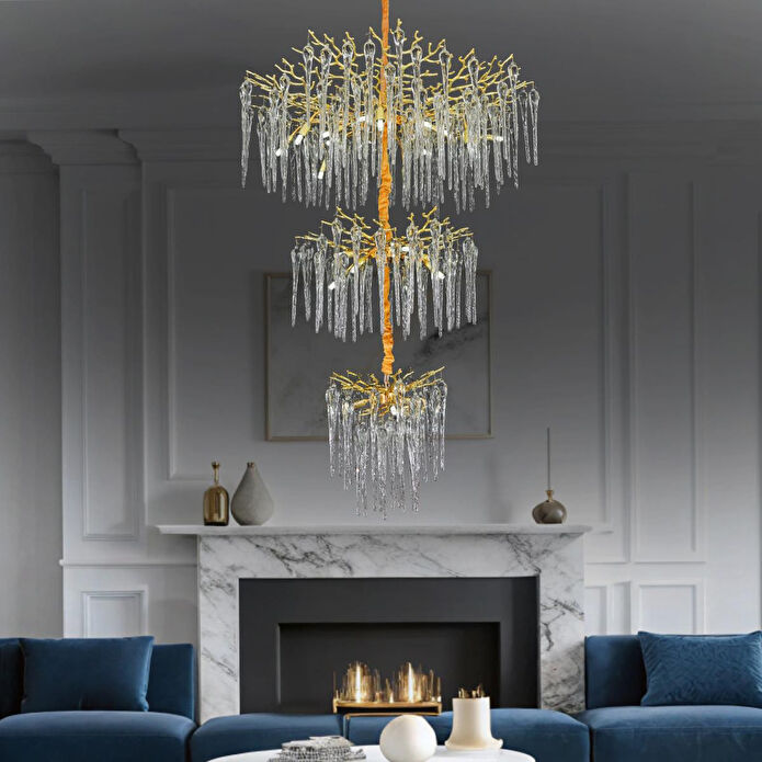 Apliqa Laura 3 Katlı Gold Kristal Taşlı Oturma Odası, Su Damlası Taşlı Salon Avize