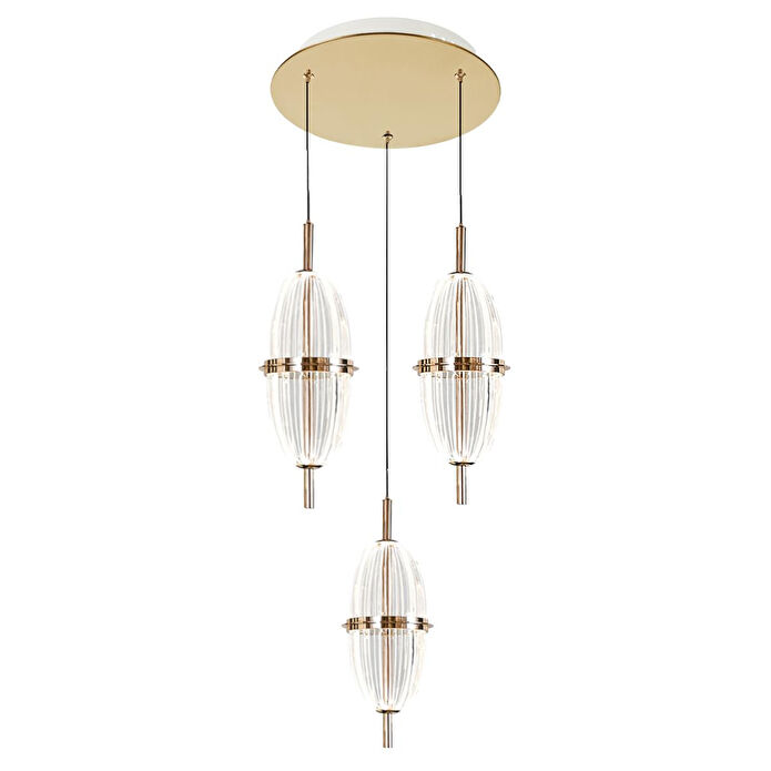 Apliqa Liona 3'lü Yuvarlak 30 Watt Gold Krisatlli Modern Salon Oturma Odası Sarkıt Led Avize