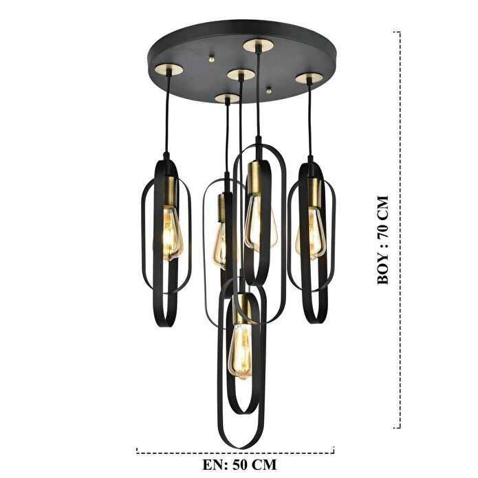 Apliqa Koza 5li Yuvarlak Siyah Modern Genç Odası Mutfak Retro Salon Sarkıt Avize