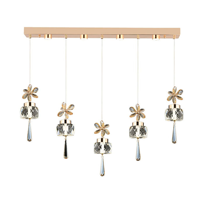 Apliqa Amaris 5'li Sıralı 3 Renkli 70 Watt Gold Kelebek Led Avize Kristal Ledli Modern Oturma Odası Salon Sarkıt Avize