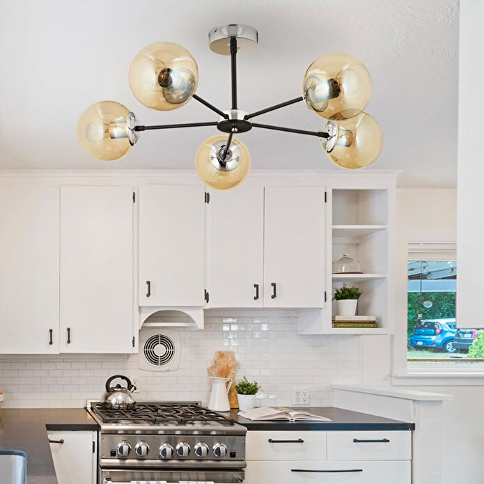 Apliqa Nide 5li Siyah Krom Bal Camlı Modern Genç Odası Yatak Odası Retro Salon Avize