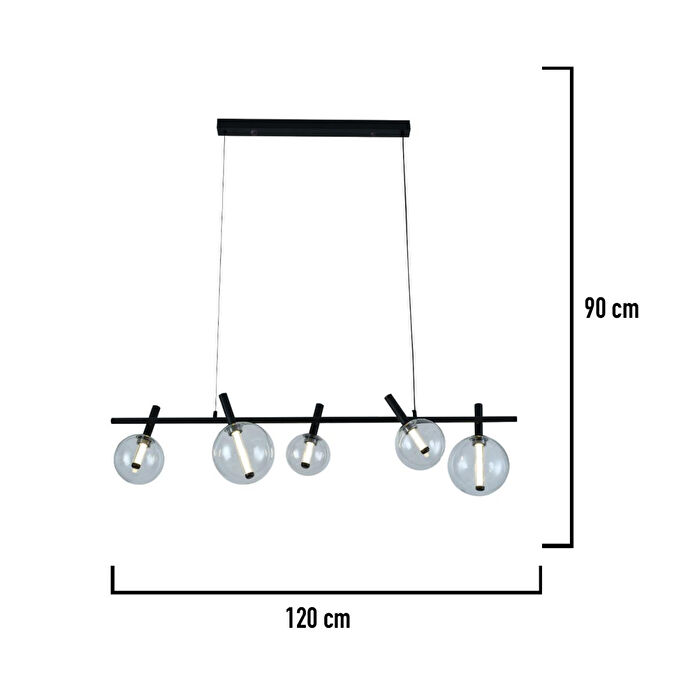 Apliqa Neval 5'li Sıralı Siyah Gold 7 Watt Yemek Masası Üstü, Salon Sarkıt Avize
