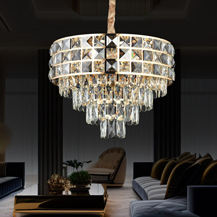 Apliqa Orrel 8'li Gold Kristal Taşlı Modern Oturma Odası Salon Sarkıt Avize