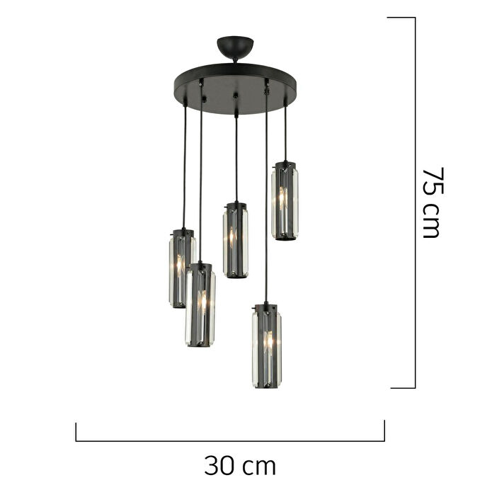 Apliqa Natali 5 Li Yuvarlak Siyah Modern Kristalli, Taşlı Modern Tasarım Kristal Salon Sarkıt Avize