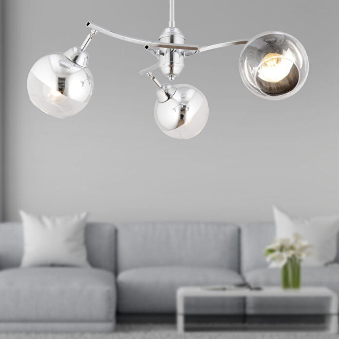 Apliqa Abbey 3'lü Krom Rengi Krom Camlı Yuvarlak Modern Oturma Odası Spot Salon Avize