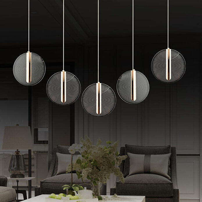 Apliqa Dustin 5'li Sıralı 3 Renk 75 Watt Gold Kristal Ledli Modern Oturma Odası Salon Sarkıt Avize