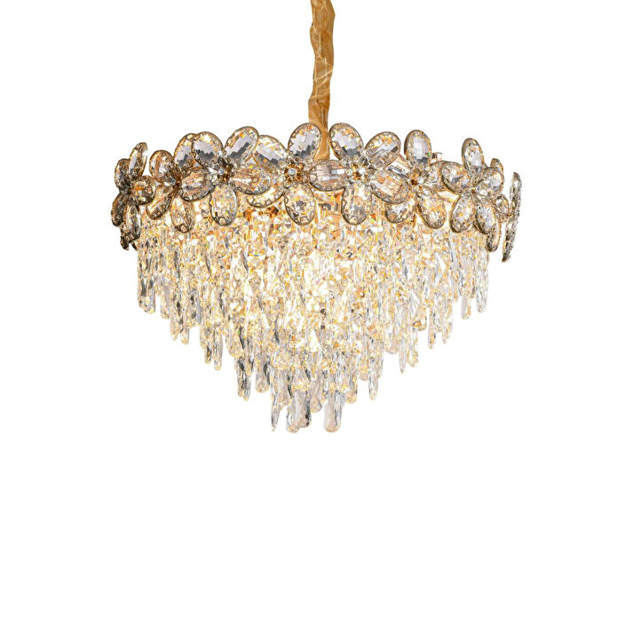 Apliqa Saral 60'lık Yuvarlak Gold Kristal Taşlı Modern Tasarım Salon Avize