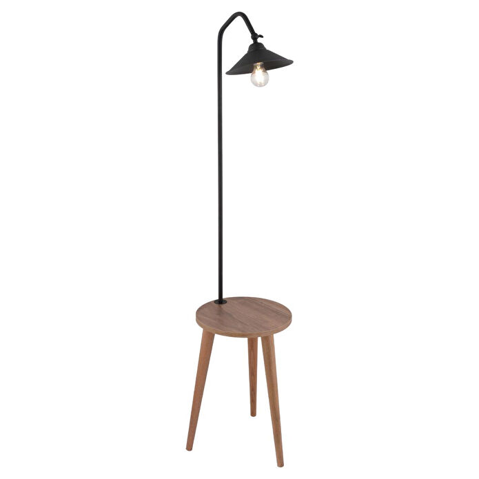 Apliqa Clifferd Siyah Başlıklı Ahşap Sehpalı Modern Ayaklı Abajur Lamba Ahşap Lambader