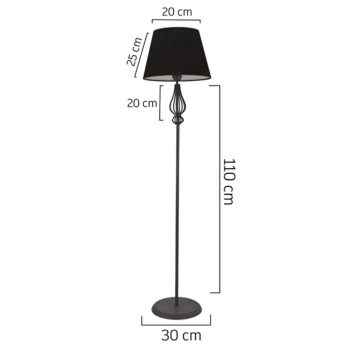 Apliqa Hefina Siyah Şapkalı Siyah Modern Tasarım Ayaklı Abajur Lamba Metal Lambader