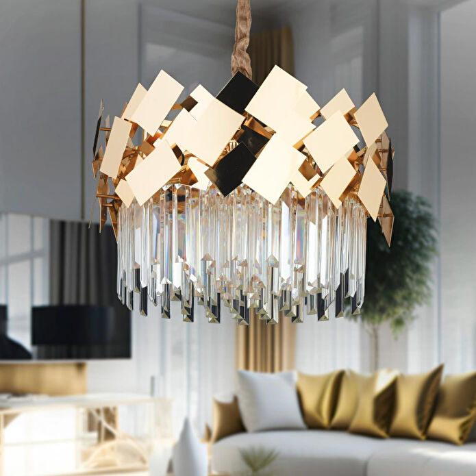 Apliqa Roshan 50'lik Yuvarlak Gold Kristal Taşlı Modern Oturma Odası Salon Sarkıt Avize