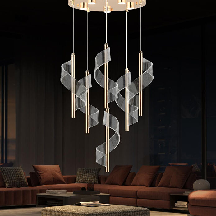 Apliqa Jadon 6'lı Yuvarlak 3 Renkli 53 Watt Gold Kristal Ledli Modern Oturma Odası Salon Sarkıt Avize