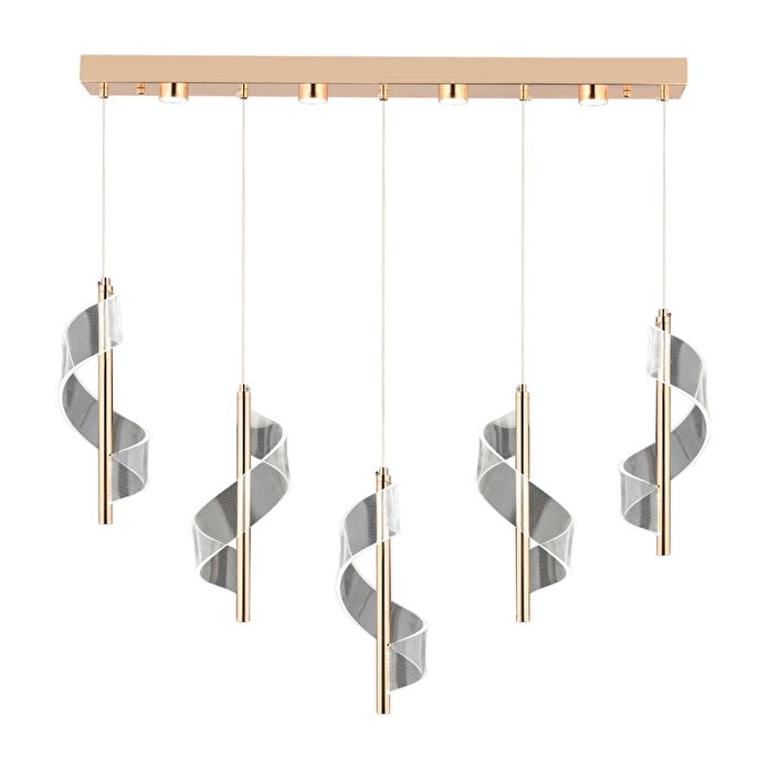 Apliqa Jadon 5'li Sıralı 3 Renkli 40 Watt Gold Kristal Ledli Modern Oturma Odası Salon Sarkıt Avize