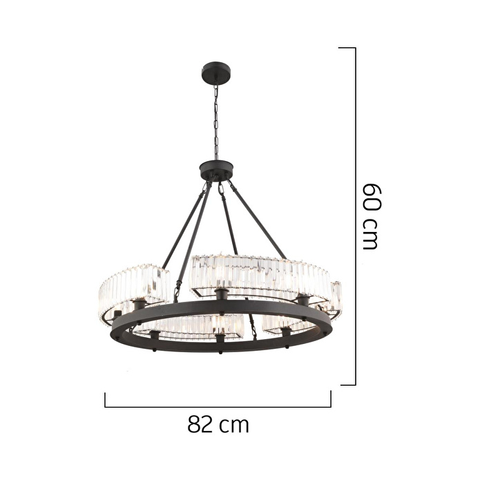 Apliqa Azalea 8li Siyah Kristalli Taşlı Modern Tasarım Kristal Büyük Salon Avize