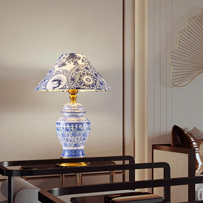 Apliqa Sanwi Bleu Blanc Desenli Seramik Oturma Odası Salon Abajur