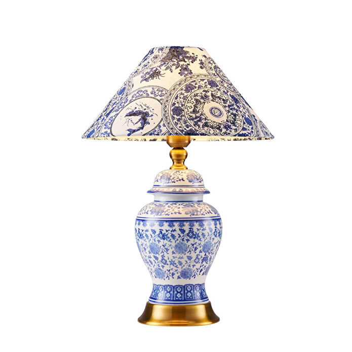 Apliqa Sanwi Bleu Blanc Desenli Seramik Oturma Odası Salon Abajur