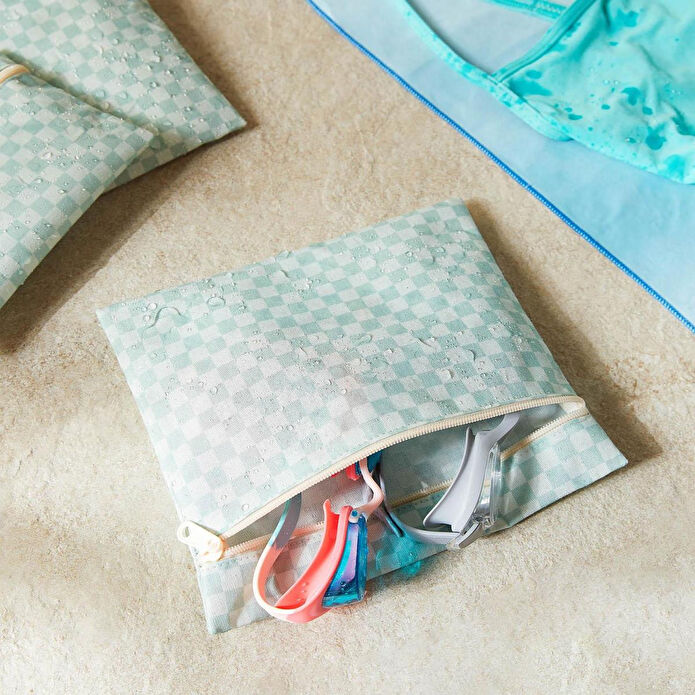 Ocean Home Textile 3'lü Su Geçirmez Pvc Astarlı Mint Dama Desen Islak Kuru Çantası 20 X 13 / 24 X 20 / 30 X 24 Cm