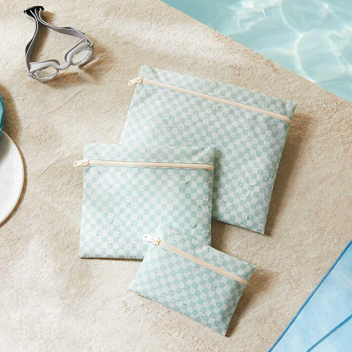 Ocean Home Textile 3'lü Su Geçirmez Pvc Astarlı Mint Dama Desen Islak Kuru Çantası 20 X 13 / 24 X 20 / 30 X 24 Cm