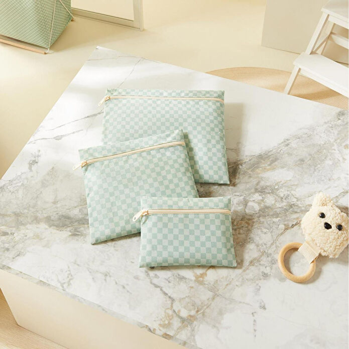 Ocean Home Textile 3'lü Su Geçirmez Pvc Astarlı Mint Dama Desen Islak Kuru Çantası 20 X 13 / 24 X 20 / 30 X 24 Cm