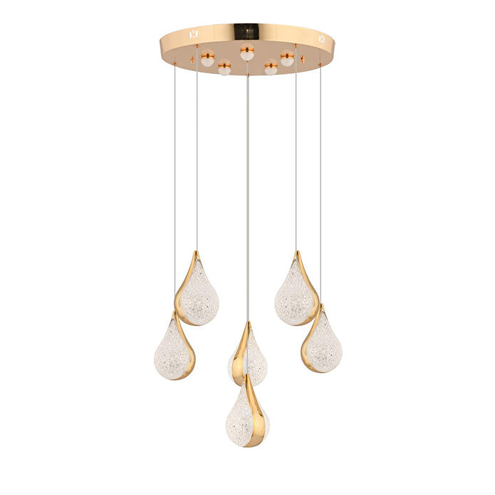 Apliqa Biana 6'lı Yuvarlak Gold Damla Başlıklı Modern Salon Led Avize