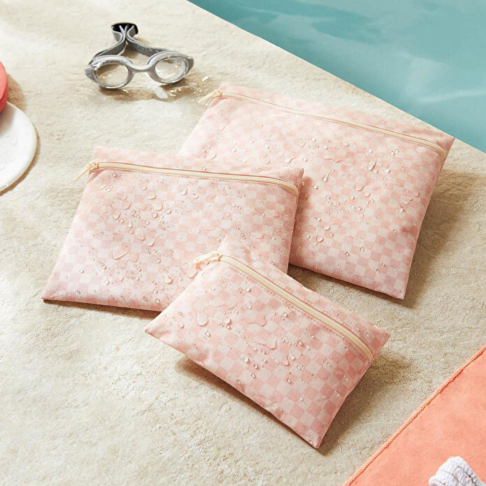Ocean Home Textile 3'lü Su Geçirmez Pvc Astarlı Pembe Dama Desen Islak Kuru Çantası 20 X 13 / 24 X 20 / 30 X 24 Cm