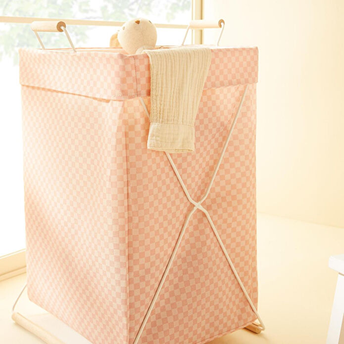 Ocean Home Textile Katlanabilir Metal Destekli Beyaz Renk Pembe Dama Desen Çamaşır Sepeti 36 X 33 X 60 Cm