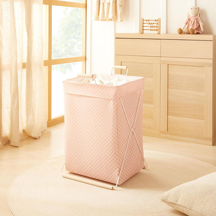 Ocean Home Textile Katlanabilir Metal Destekli Beyaz Renk Pembe Dama Desen Çamaşır Sepeti 36 X 33 X 60 Cm